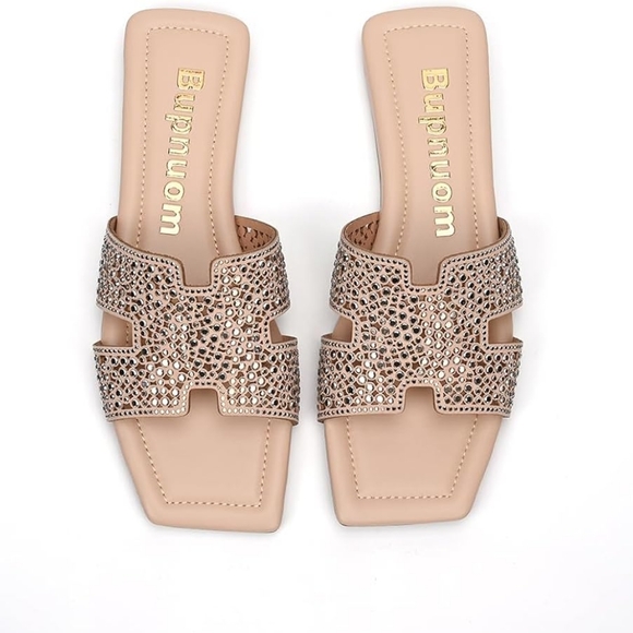 NEW Rhinestone Square Toe Flat Sandals - Picture 2 of 9